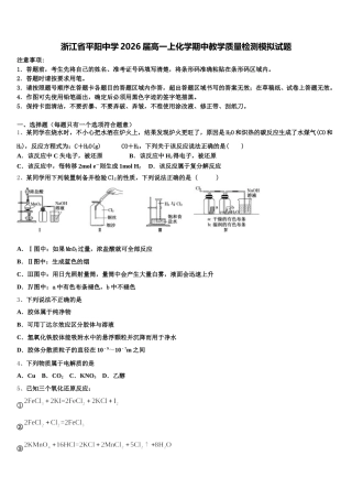 浙江省平阳中学2026届高一上化学期中教学质量检测模拟试题含解析