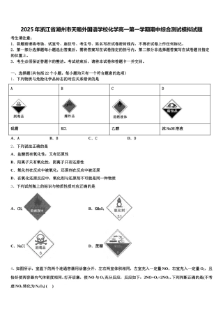 2025年浙江省湖州市天略外国语学校化学高一第一学期期中综合测试模拟试题含解析