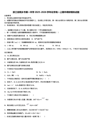 浙江省桐乡市第一中学2025-2026学年化学高一上期中调研模拟试题含解析