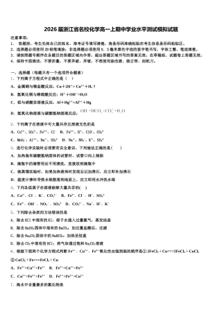 2026届浙江省名校化学高一上期中学业水平测试模拟试题含解析