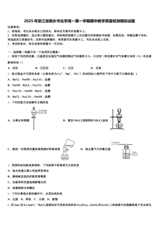 2025年浙江省桐乡市化学高一第一学期期中教学质量检测模拟试题含解析