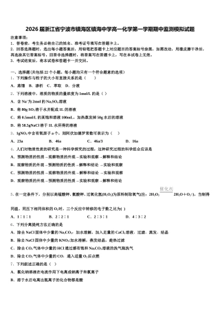 2026届浙江省宁波市镇海区镇海中学高一化学第一学期期中监测模拟试题含解析