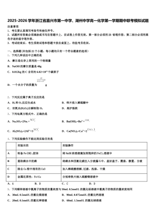 2025-2026学年浙江省嘉兴市第一中学、湖州中学高一化学第一学期期中联考模拟试题含解析