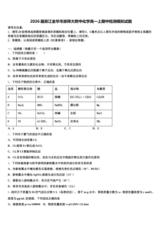 2026届浙江金华市浙师大附中化学高一上期中检测模拟试题含解析