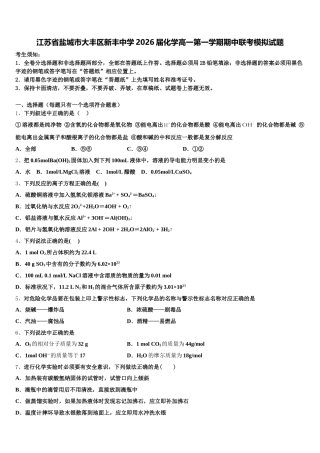 江苏省盐城市大丰区新丰中学2026届化学高一第一学期期中联考模拟试题含解析