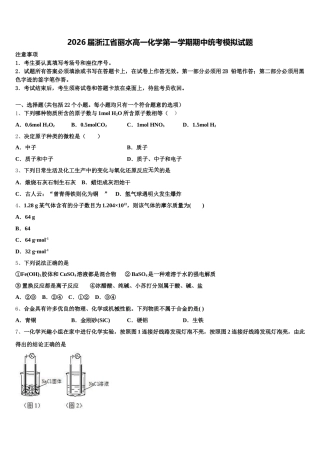 2026届浙江省丽水高一化学第一学期期中统考模拟试题含解析