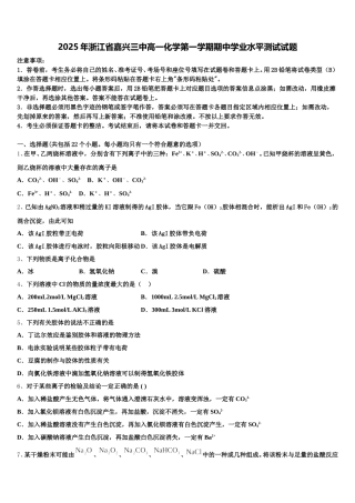 2025年浙江省嘉兴三中高一化学第一学期期中学业水平测试试题含解析