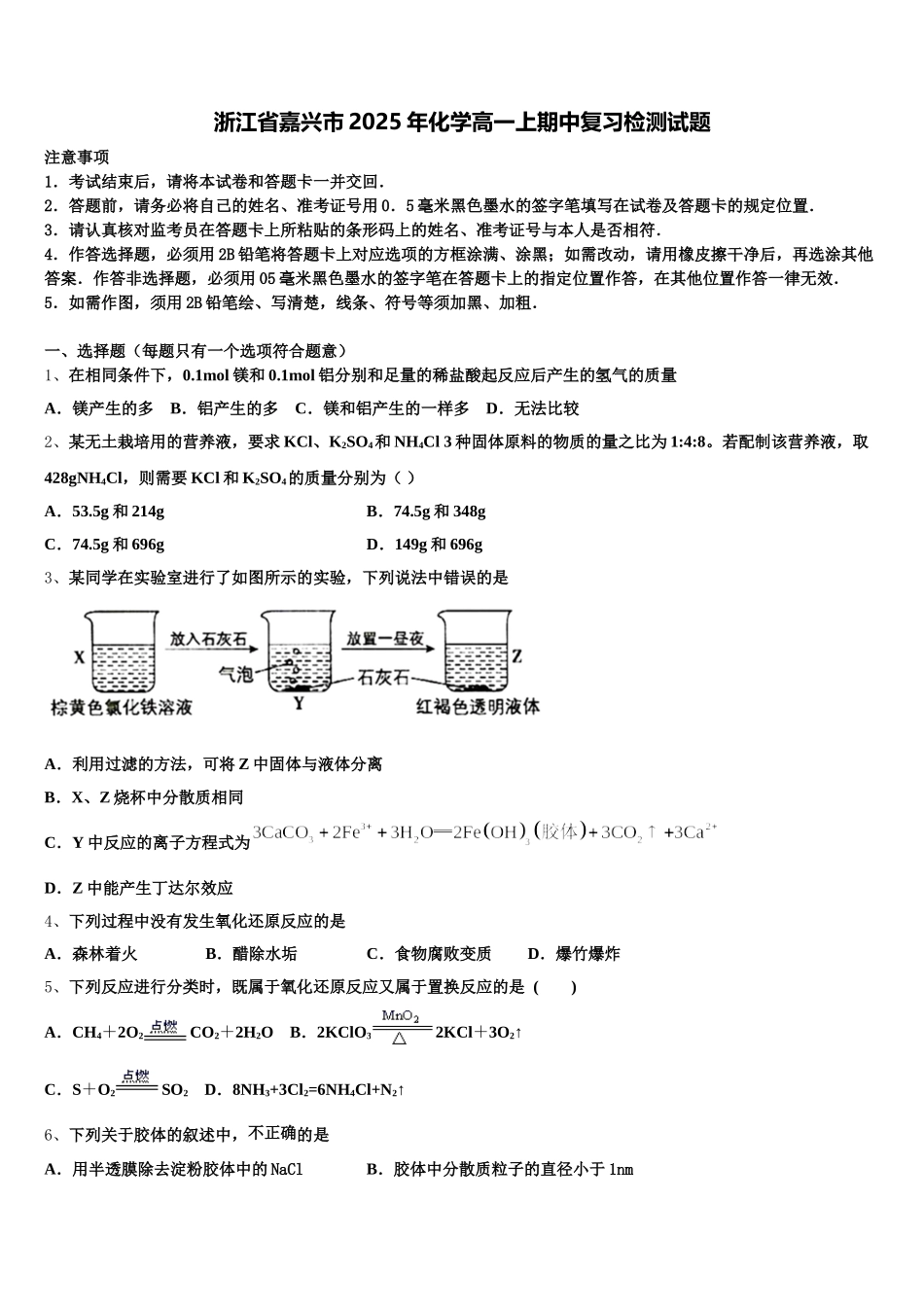 浙江省嘉兴市2025年化学高一上期中复习检测试题含解析_第1页