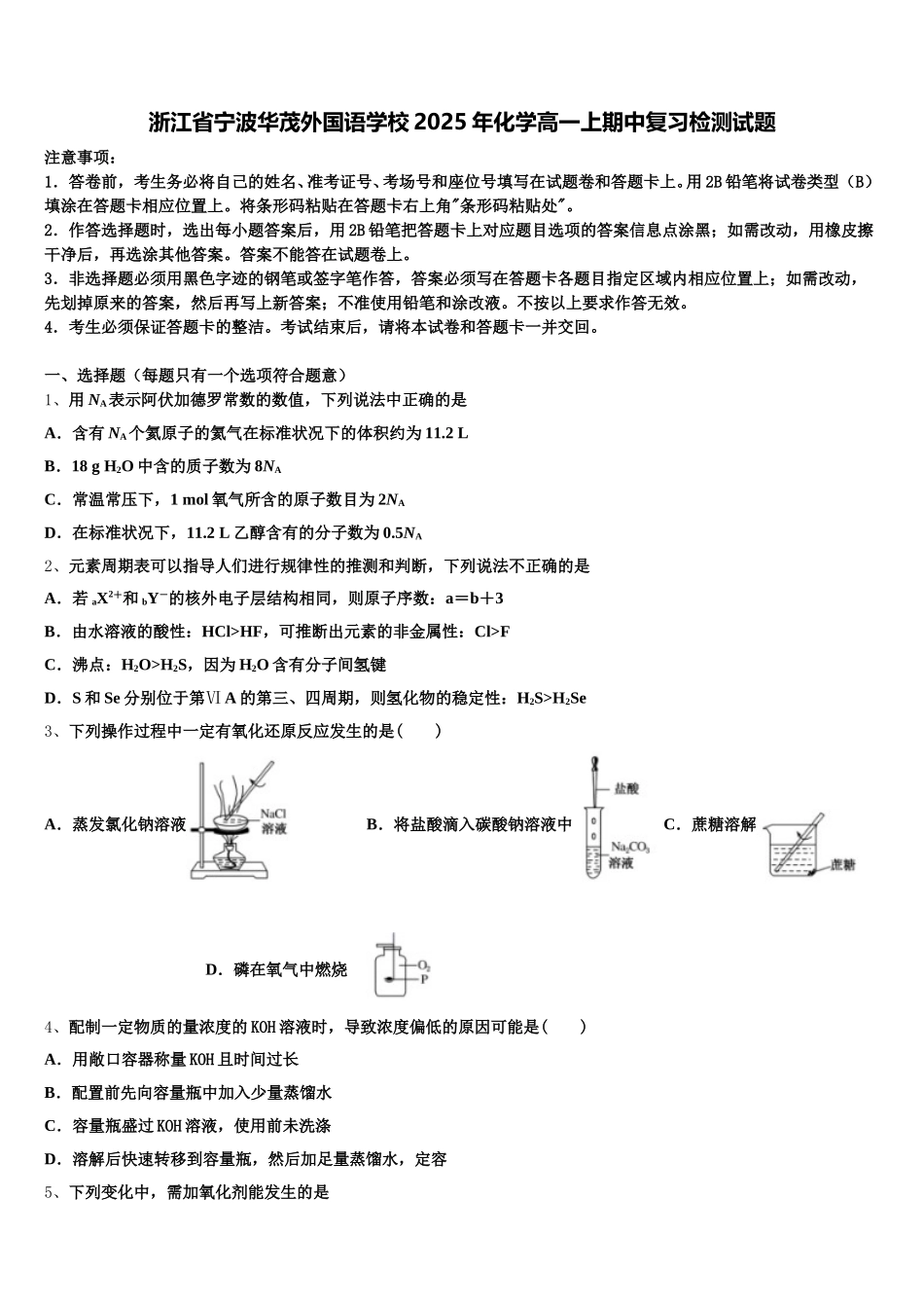 浙江省宁波华茂外国语学校2025年化学高一上期中复习检测试题含解析_第1页
