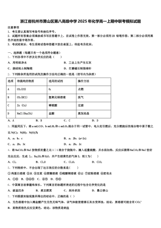 浙江省杭州市萧山区第八高级中学2025年化学高一上期中联考模拟试题含解析