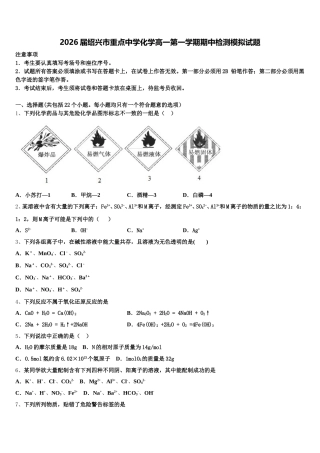 2026届绍兴市重点中学化学高一第一学期期中检测模拟试题含解析