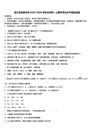 浙江省东阳中学2025-2026学年化学高一上期中学业水平测试试题含解析