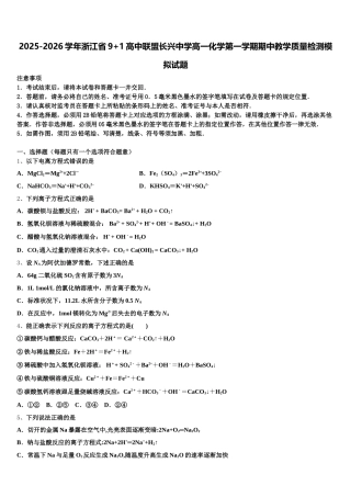 2025-2026学年浙江省9+1高中联盟长兴中学高一化学第一学期期中教学质量检测模拟试题含解析