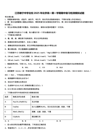 江苏睢宁中学北校2025年化学高一第一学期期中复习检测模拟试题含解析
