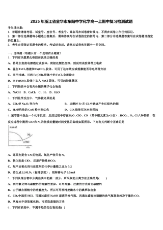 2025年浙江省金华市东阳中学化学高一上期中复习检测试题含解析