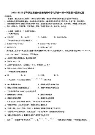 2025-2026学年浙江省嘉兴嘉善高级中学化学高一第一学期期中监测试题含解析