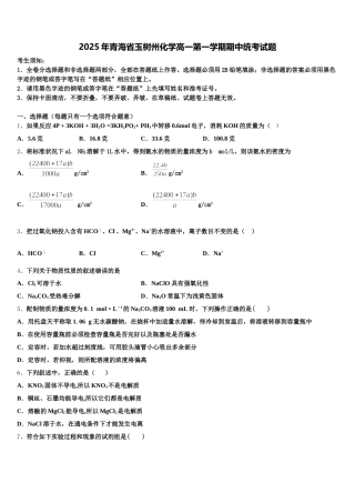 2025年青海省玉树州化学高一第一学期期中统考试题含解析