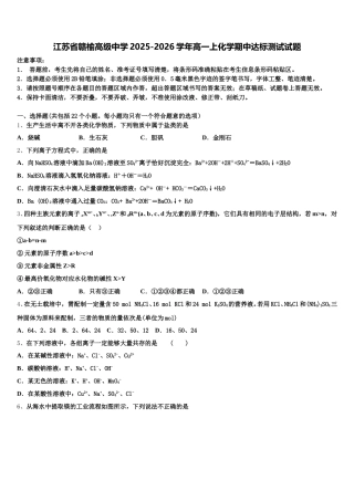 江苏省赣榆高级中学2025-2026学年高一上化学期中达标测试试题含解析