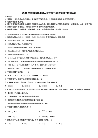 2025年青海海东市第二中学高一上化学期中检测试题含解析