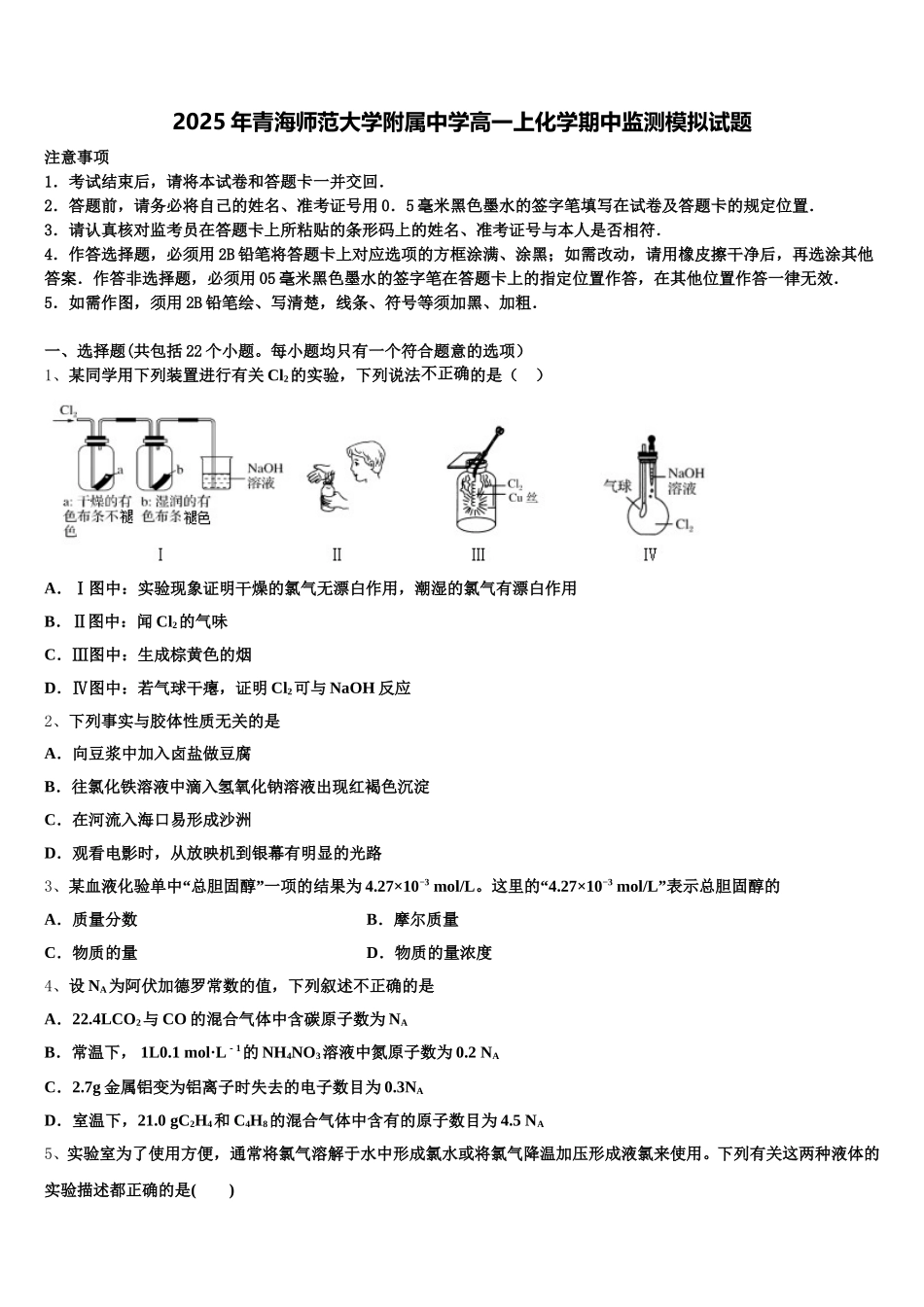 2025年青海师范大学附属中学高一上化学期中监测模拟试题含解析_第1页