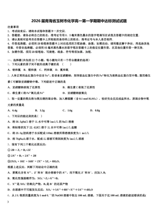2026届青海省玉树市化学高一第一学期期中达标测试试题含解析