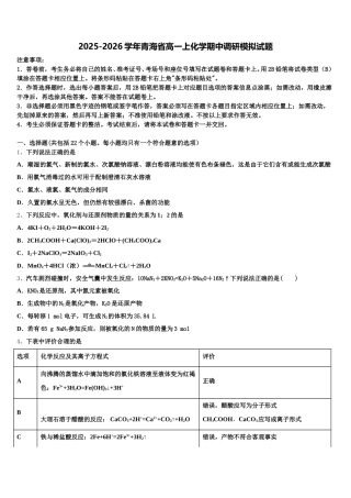 2025-2026学年青海省高一上化学期中调研模拟试题含解析