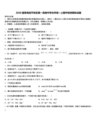 2026届青海省平安区第一高级中学化学高一上期中检测模拟试题含解析