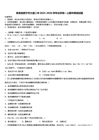 青海省西宁市大通二中2025-2026学年化学高一上期中预测试题含解析
