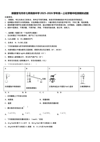 新疆奎屯市农七师高级中学2025-2026学年高一上化学期中检测模拟试题含解析