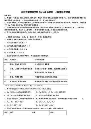 苏州大学附属中学2026届化学高一上期中统考试题含解析