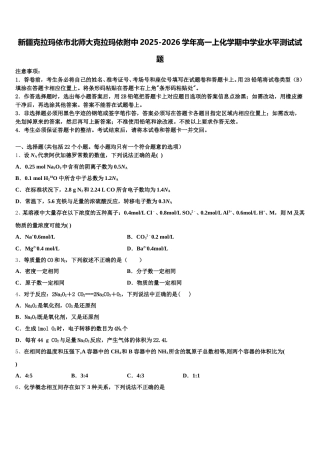 新疆克拉玛依市北师大克拉玛依附中2025-2026学年高一上化学期中学业水平测试试题含解析