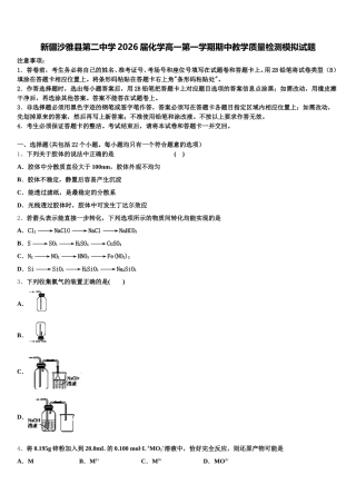 新疆沙雅县第二中学2026届化学高一第一学期期中教学质量检测模拟试题含解析