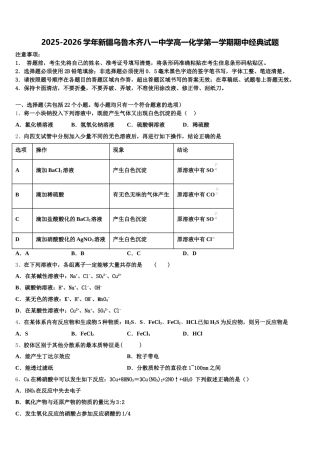 2025-2026学年新疆乌鲁木齐八一中学高一化学第一学期期中经典试题含解析