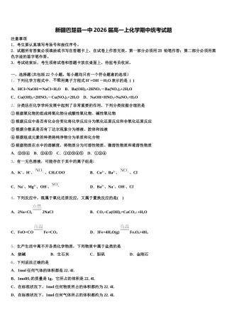 新疆巴楚县一中2026届高一上化学期中统考试题含解析