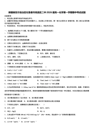 新疆维吾尔自治区吐鲁番市高昌区二中2026届高一化学第一学期期中考试试题含解析