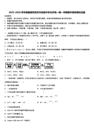 2025-2026学年新疆维阿克苏市高级中学化学高一第一学期期中调研模拟试题含解析