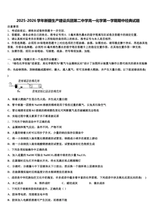 2025-2026学年新疆生产建设兵团第二中学高一化学第一学期期中经典试题含解析