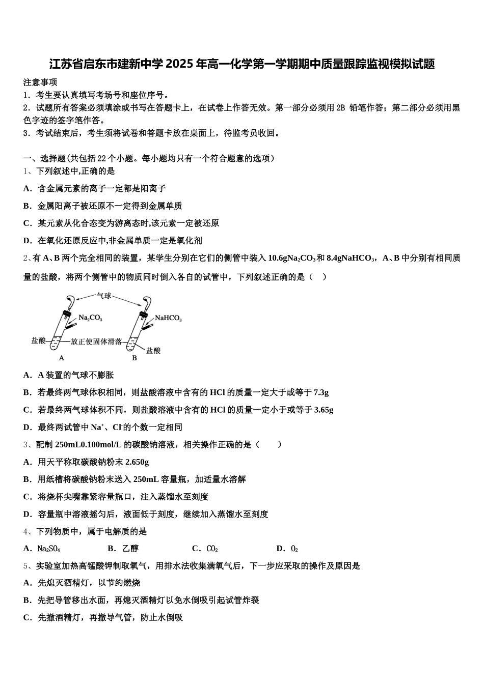 江苏省启东市建新中学2025年高一化学第一学期期中质量跟踪监视模拟试题含解析_第1页