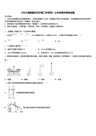 2026届新疆石河子第二中学高一上化学期中调研试题含解析