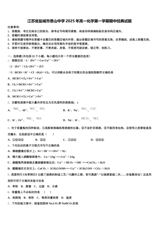 江苏省盐城市景山中学2025年高一化学第一学期期中经典试题含解析