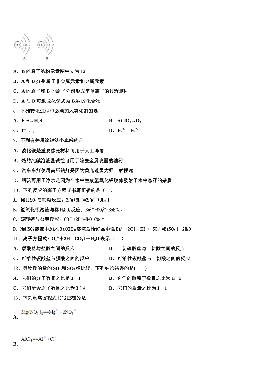 2025年新疆沙湾一中化学高一上期中复习检测试题含解析_第2页