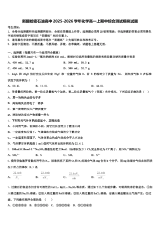 新疆哈密石油高中2025-2026学年化学高一上期中综合测试模拟试题含解析