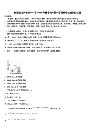 新疆石河子市第一中学2025年化学高一第一学期期中检测模拟试题含解析