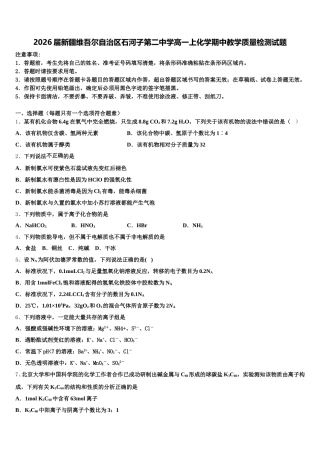 2026届新疆维吾尔自治区石河子第二中学高一上化学期中教学质量检测试题含解析