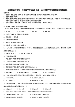 新疆阿克苏市农一师高级中学2025年高一上化学期中学业质量监测模拟试题含解析