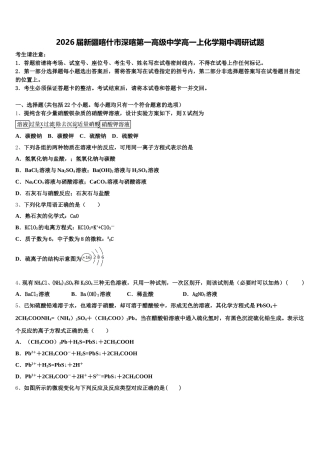 2026届新疆喀什市深喀第一高级中学高一上化学期中调研试题含解析