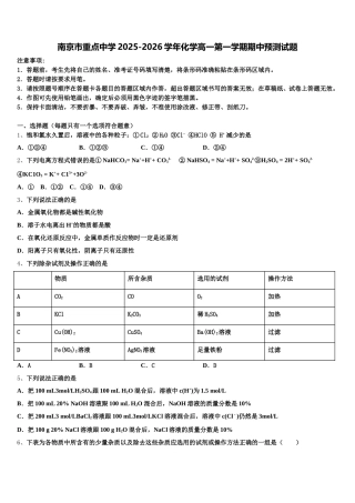 南京市重点中学2025-2026学年化学高一第一学期期中预测试题含解析