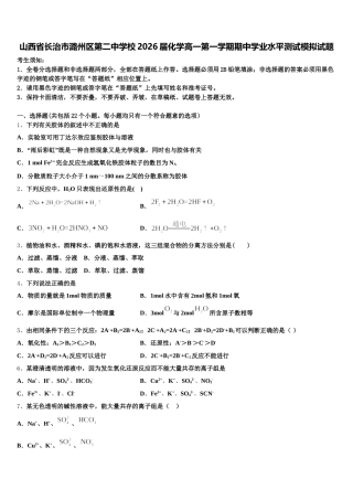山西省长治市潞州区第二中学校2026届化学高一第一学期期中学业水平测试模拟试题含解析