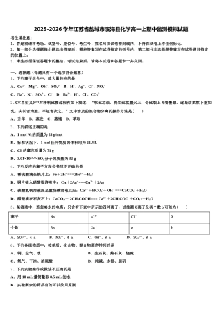 2025-2026学年江苏省盐城市滨海县化学高一上期中监测模拟试题含解析
