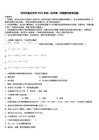 忻州市重点中学2025年高一化学第一学期期中联考试题含解析